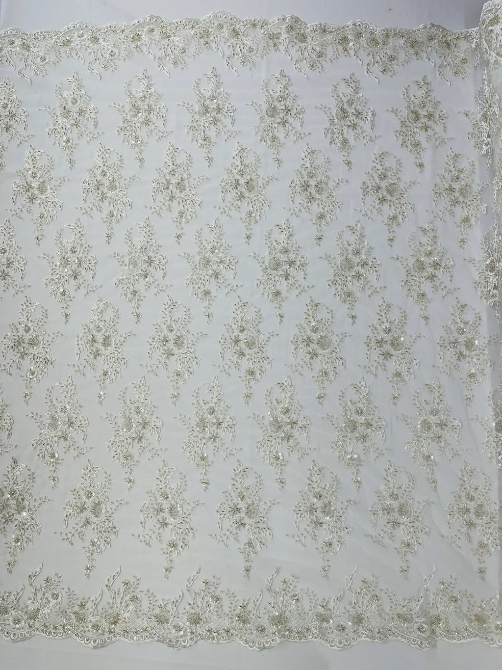 Beaded Flower Sequins Fabric - Ivory - Embroidered Beaded Floral Clusters Sequins Fabric By Yard