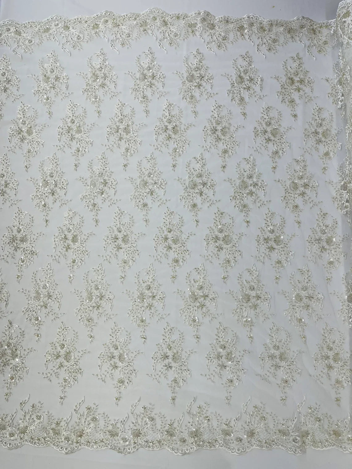 Beaded Flower Sequins Fabric - Ivory - Embroidered Beaded Floral Clusters Sequins Fabric By Yard