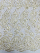 3D Floral Leaf Panels - Ivory - Embroidered 3D Flower Lines with Pearls on Lace By Yard