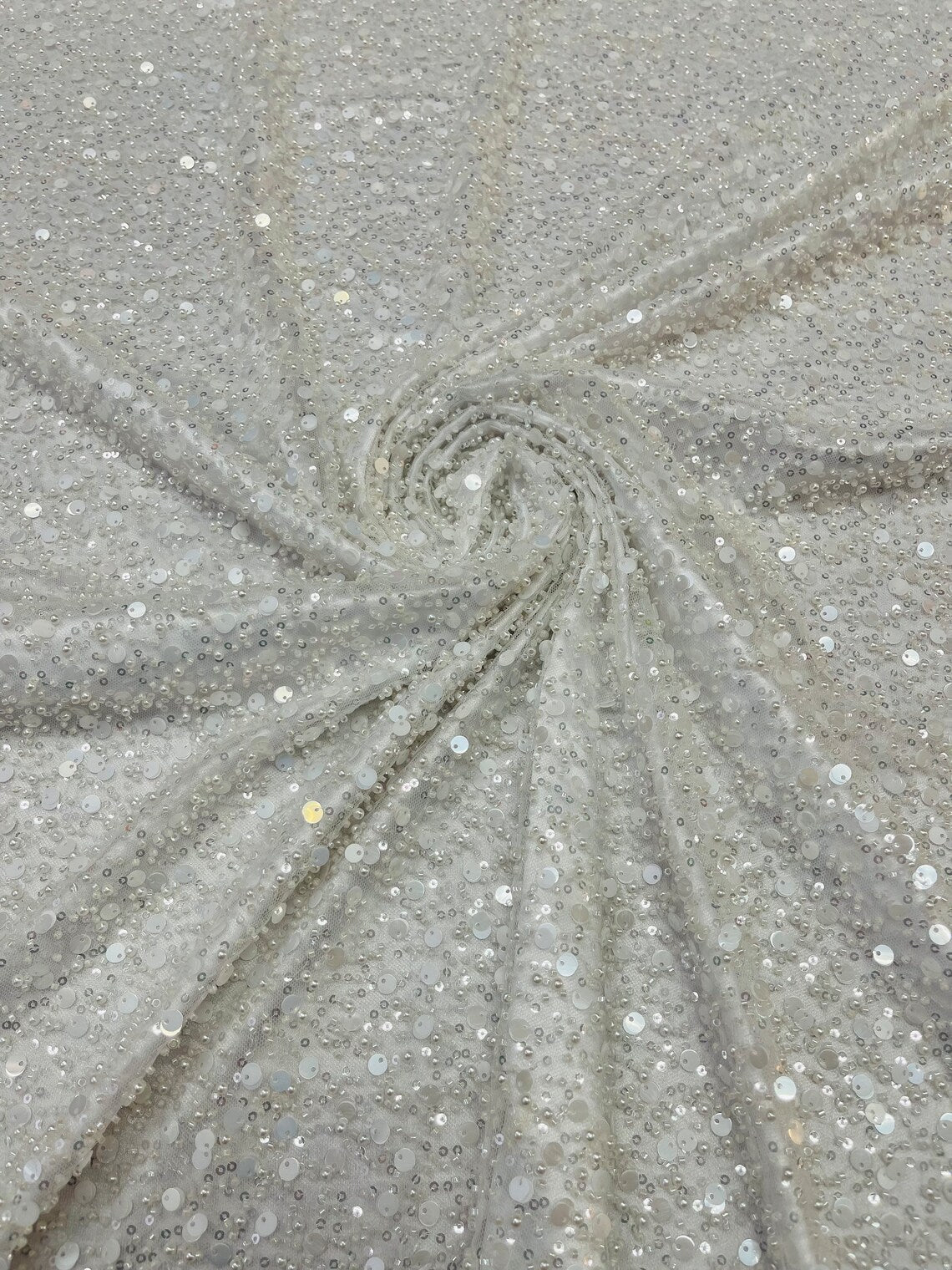 Heavy Duty Sequins Pearl Fabric - Ivory - Heavy Handmade Embroidery Lace with Sequins All Over By Yard