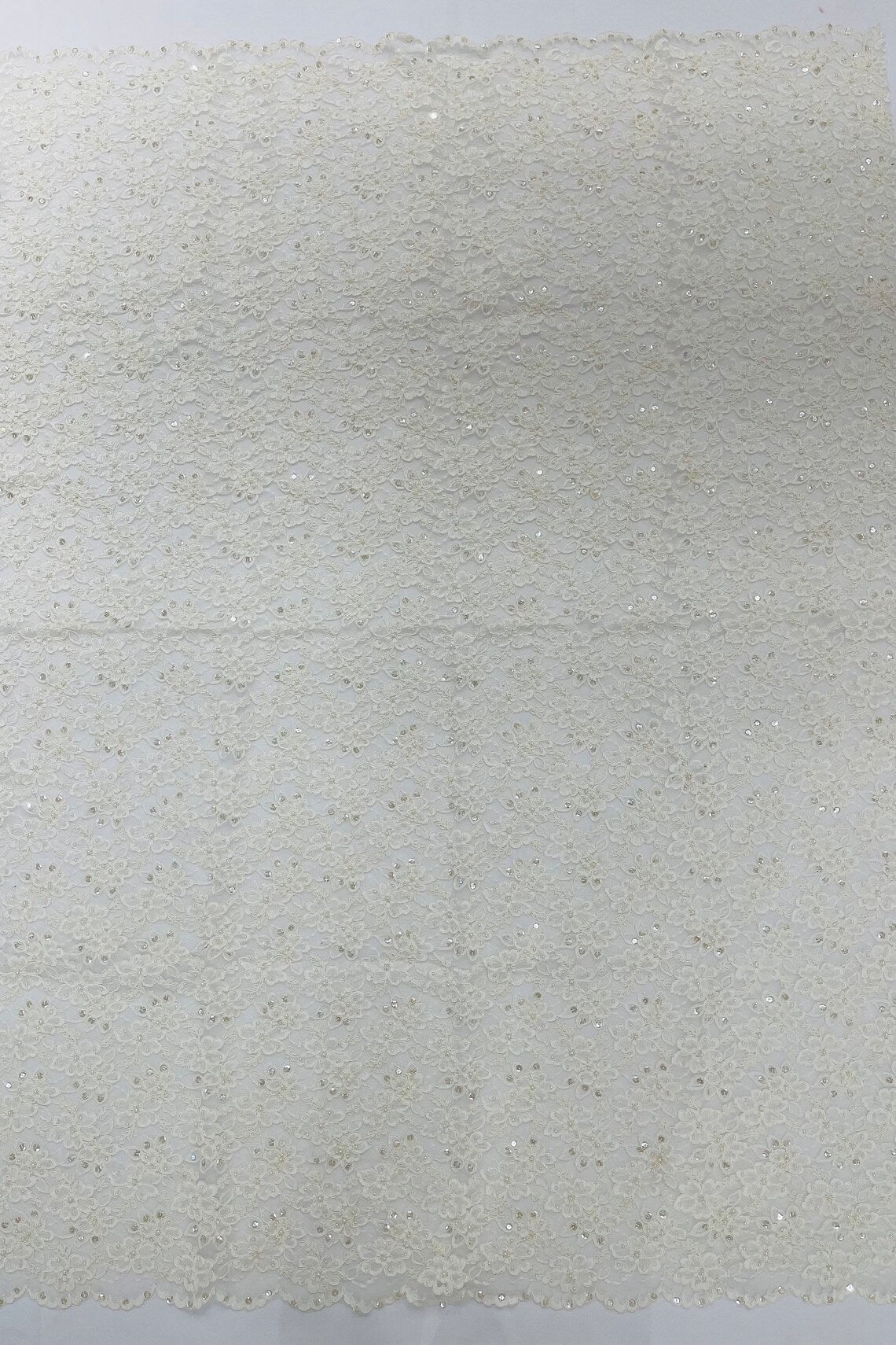 Floral Pearls and Sequins Fabric - Ivory - Beaded Fabric Embroidered Lace By The Yard
