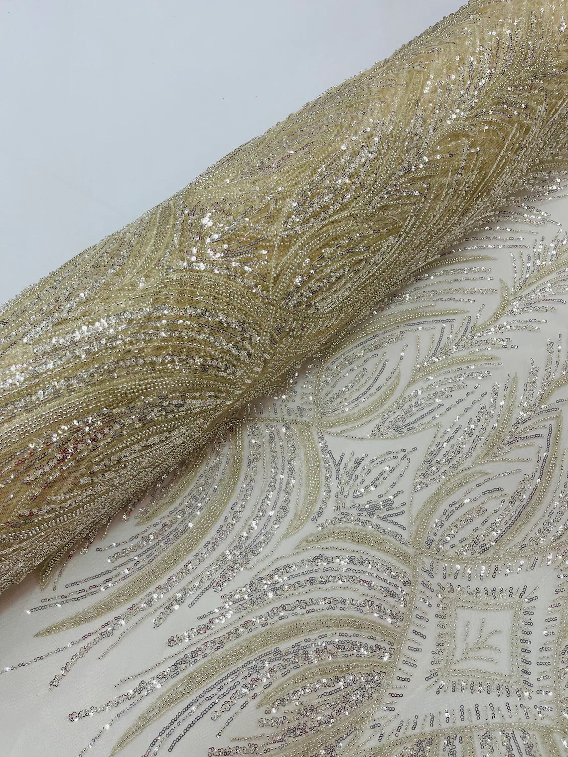 Beaded Lines Fabric - Ivory - Luxury Beads and Sequins Line Design Fabric By Yard