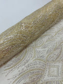 Beaded Lines Fabric - Ivory - Luxury Beads and Sequins Line Design Fabric By Yard
