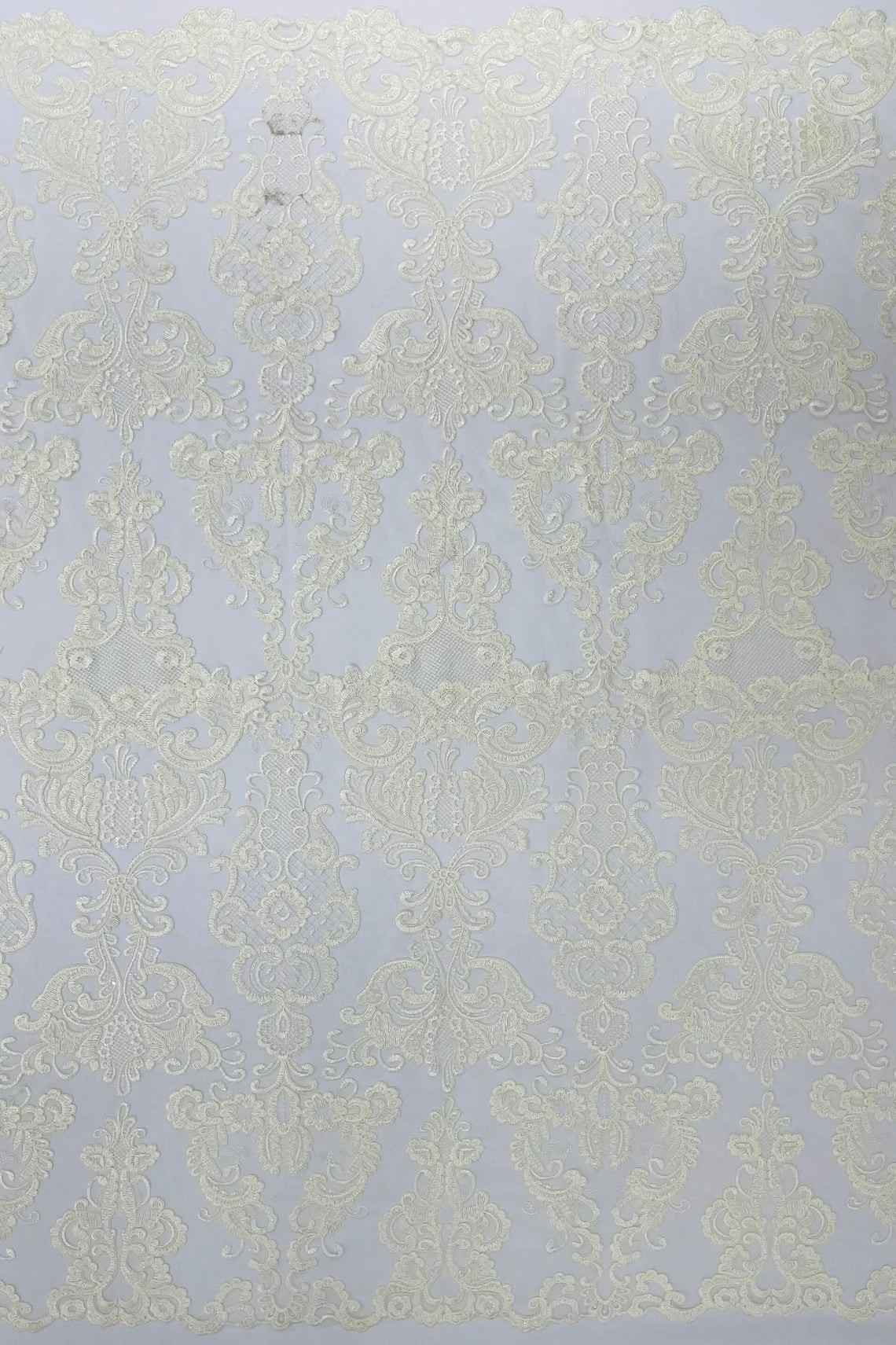 King Lace Pattern Fabric - Ivory - Embroidered Sequins on Lace Mesh Fabric By Yard