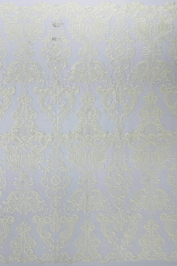 King Lace Pattern Fabric - Ivory - Embroidered Sequins on Lace Mesh Fabric By Yard