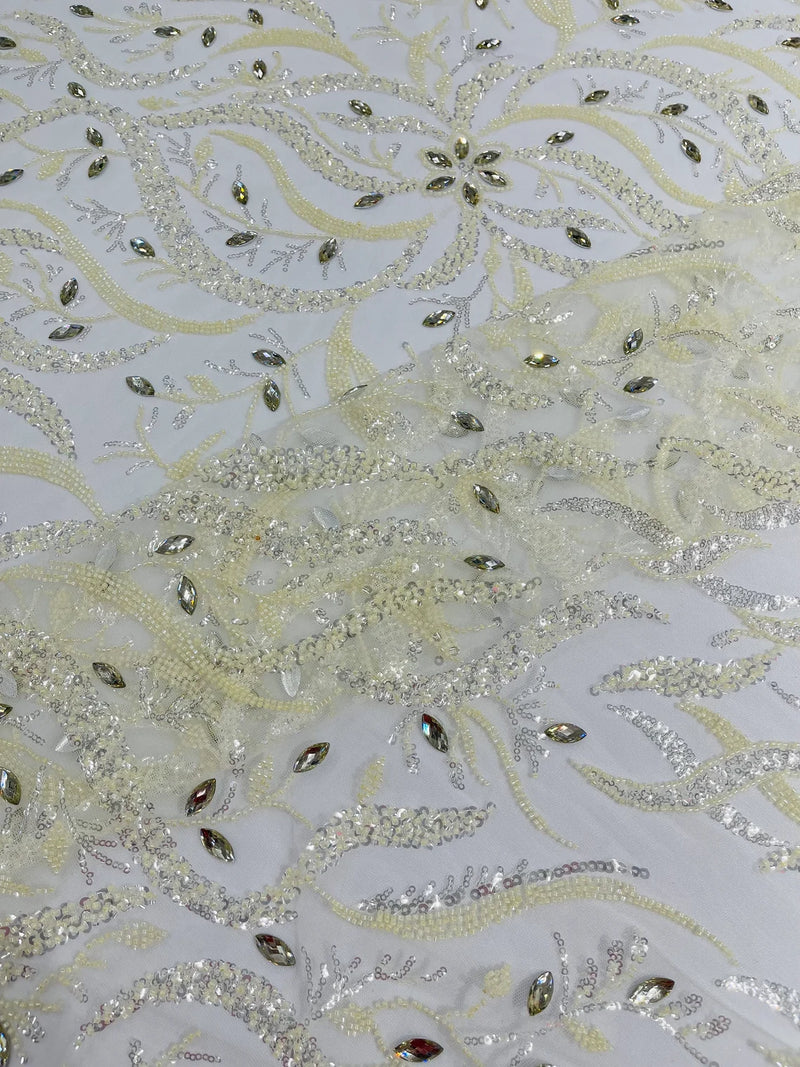 Wavy Leaf / Floral Bead Fabric - Ivory - Beaded Rhinestone Embroidered on a Mesh By Yard