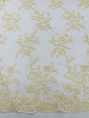 Embroidered Corded Lace Fabric - Ivory - Cluster Fancy Flower Embroidered Lace Fabric By Yard