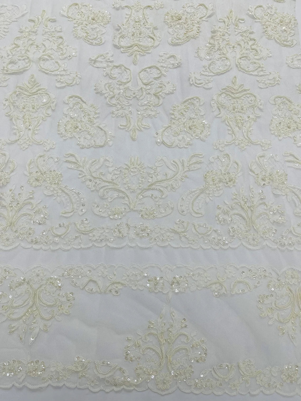 Beaded My Lady Damask Design - Ivory - Beaded Fancy Damask Embroidered Fabric By Yard