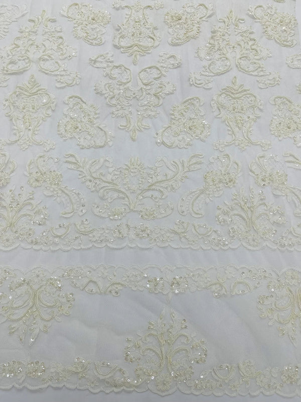 Beaded My Lady Damask Design - Ivory - Beaded Fancy Damask Embroidered Fabric By Yard