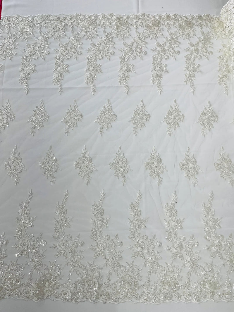 Beaded Rose Flower Fabric - Ivory - Embroidered Beaded Long Border Floral Fabric By Yard