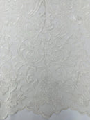 Fancy Damask Lace Fabric - Ivory - Embroidered Damask Design Mesh on Lace Fabric by Yard
