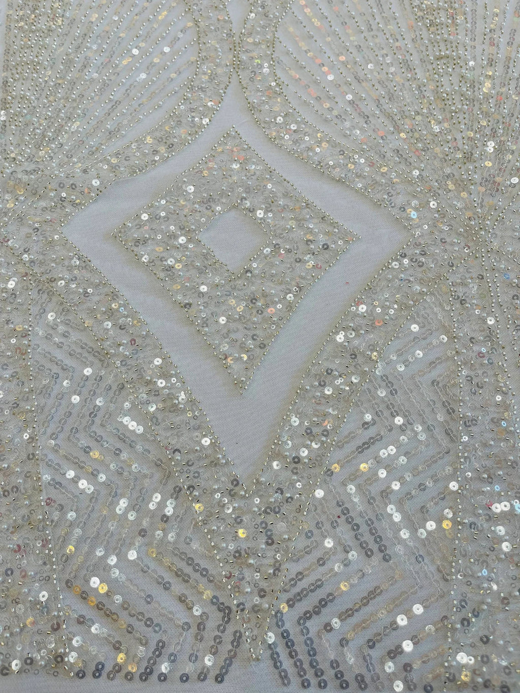 Beaded Diamond Design Fabric - Ivory - Beaded Embroidered Diamond Zig Zag Design on Mesh By Yard