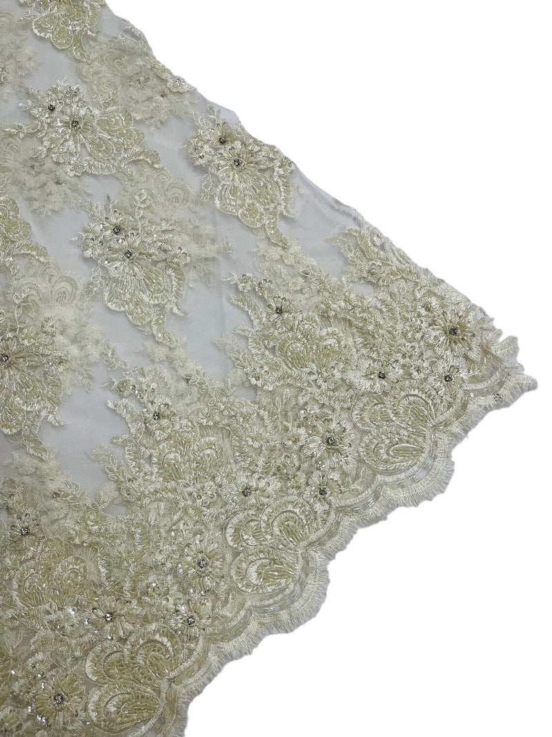 Rhinestone Beaded Fabric - Ivory - Beaded Floral Rhinestone Design with Fancy Border Sold By Yard
