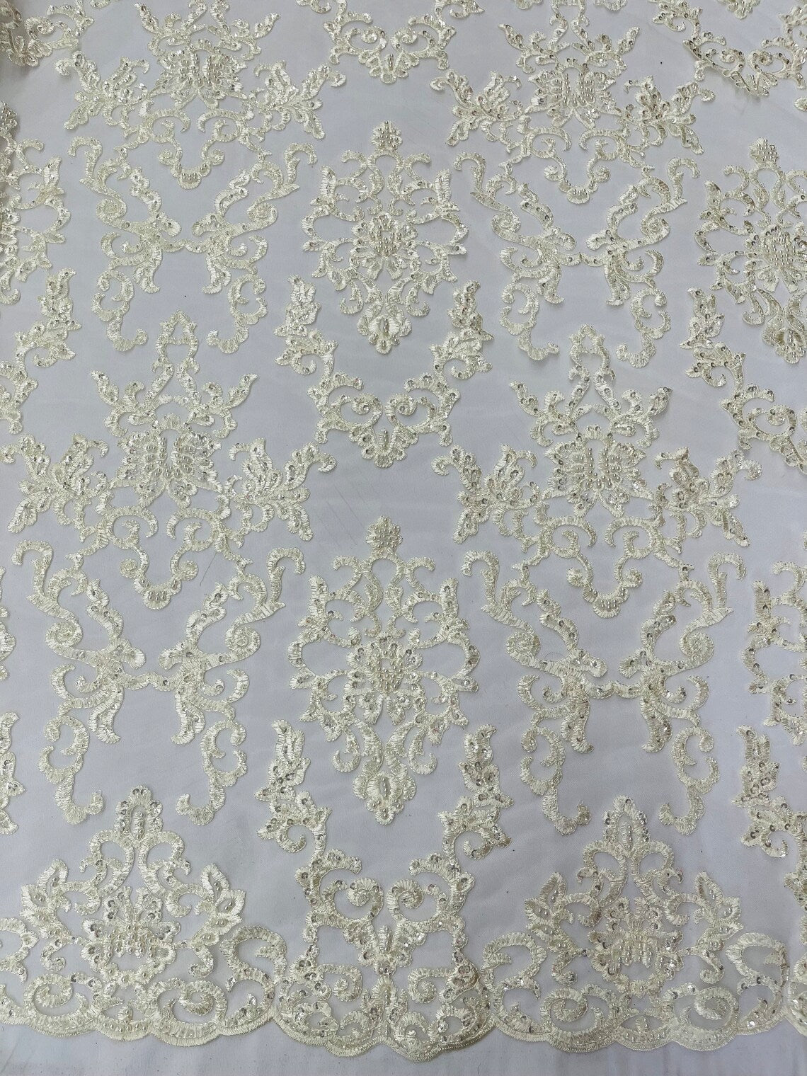 Butterfly Bead Sequins Fabric - Ivory - Damask Beaded Sequins Lace Fabric by the yard