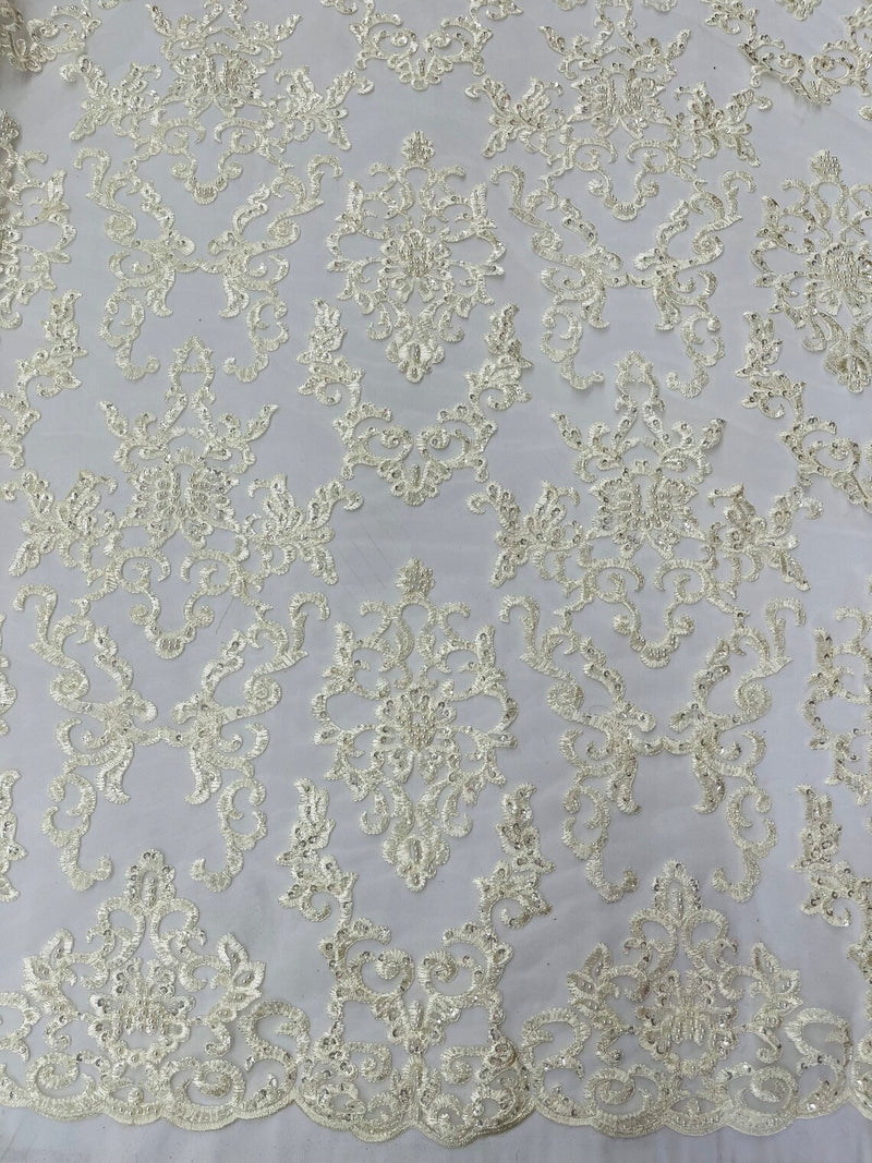 Butterfly Bead Sequins Fabric - Ivory - Damask Beaded Sequins Lace Fabric by the yard