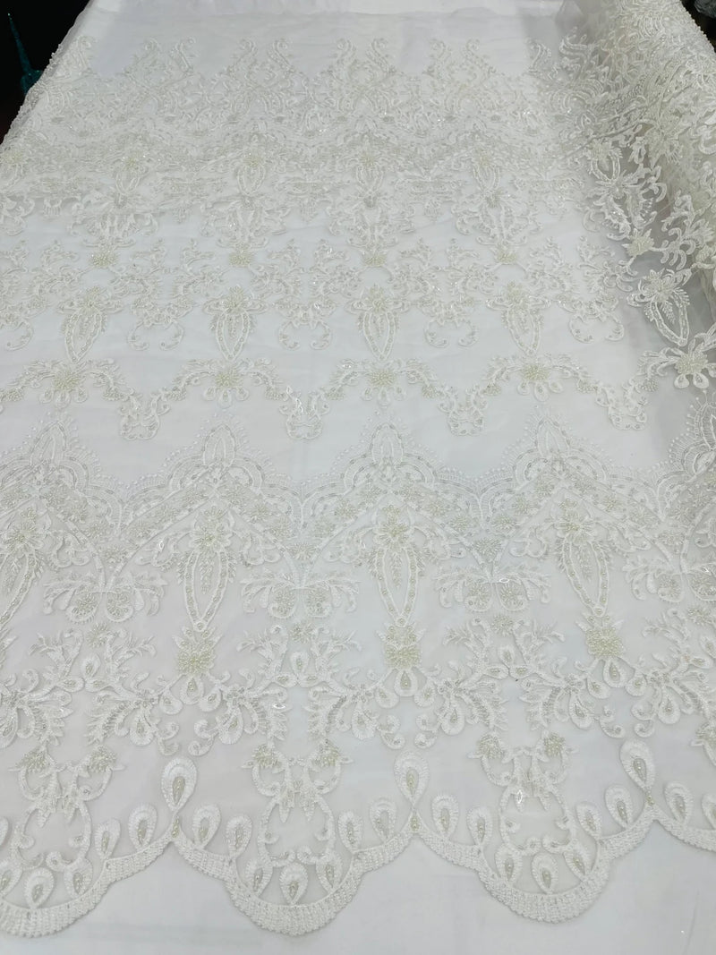 Damask Bead Fabric - Ivory - Embroidered Glamorous Fabric with Round Beads Sold By Yard