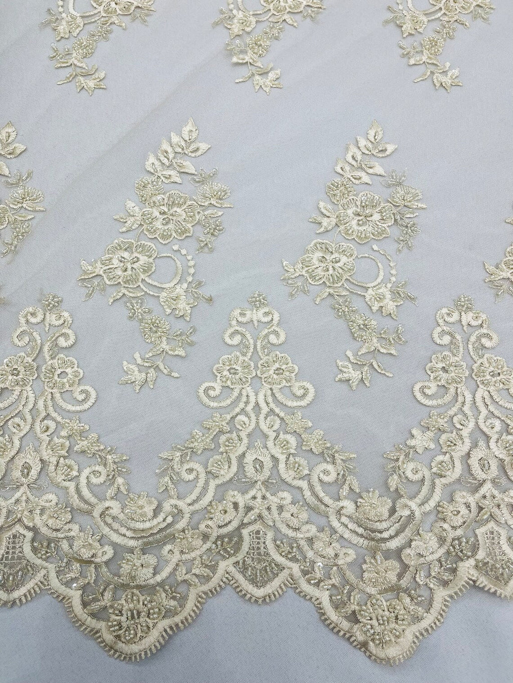 Beaded Floral Fabric - Ivory - Embroidered Flower Cluster Beaded Fabric Sold By Yard