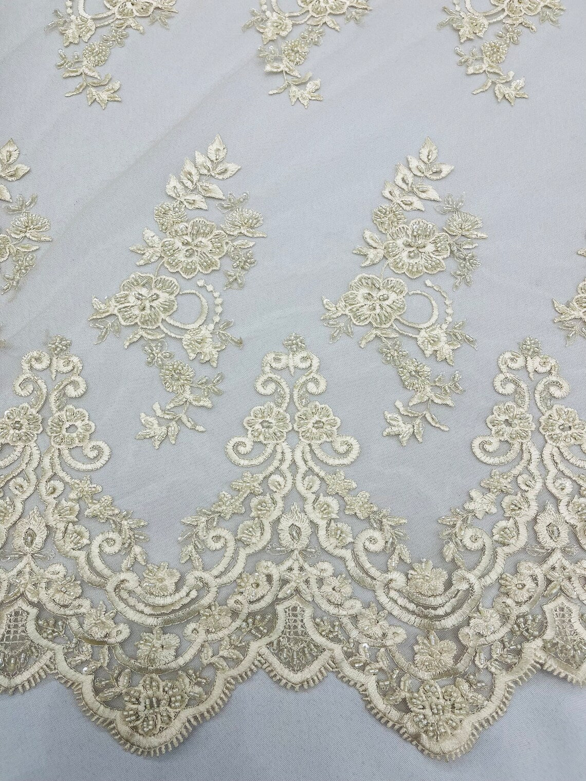 Beaded Floral Fabric - Ivory - Embroidered Flower Cluster Beaded Fabric Sold By Yard
