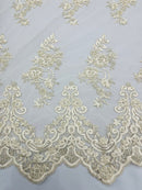 Beaded Floral Fabric - Ivory - Embroidered Flower Cluster Beaded Fabric Sold By Yard