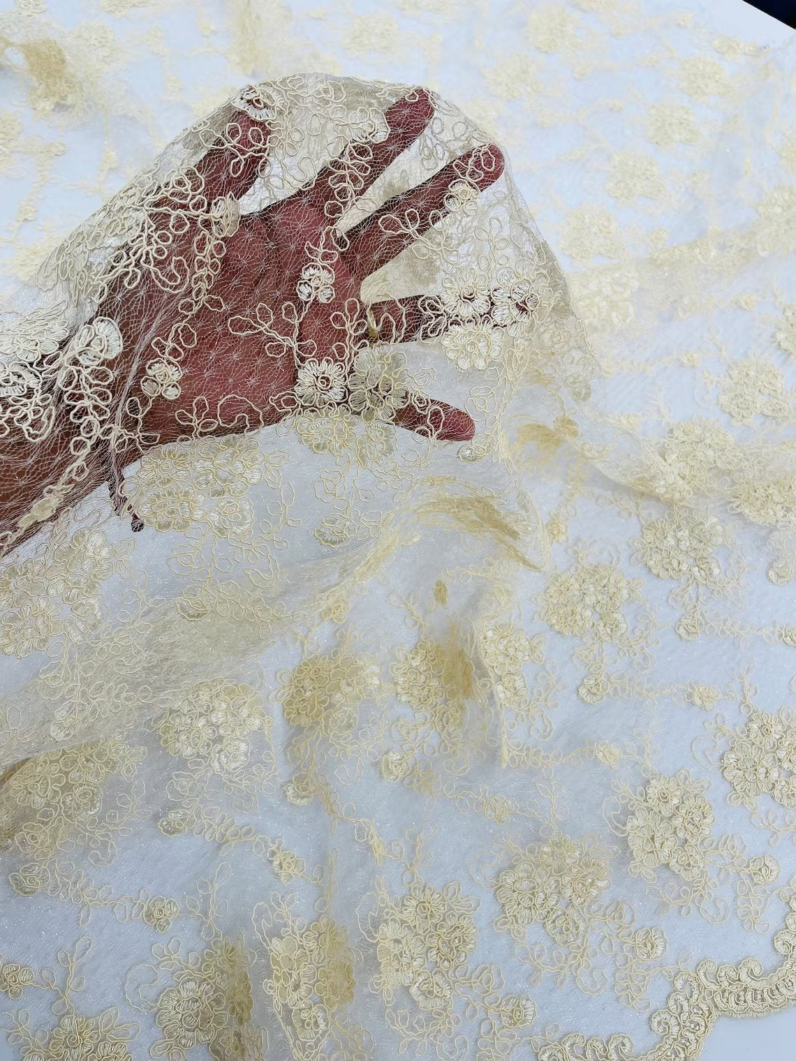Embroidered Flower Fabric - Ivory - Floral Design Scalloped Border Fabric By Yard