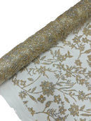 Floral Silver Beaded Fabric - Ivory - Flower Design with Silver Beads and Sequins on Lace by Yard