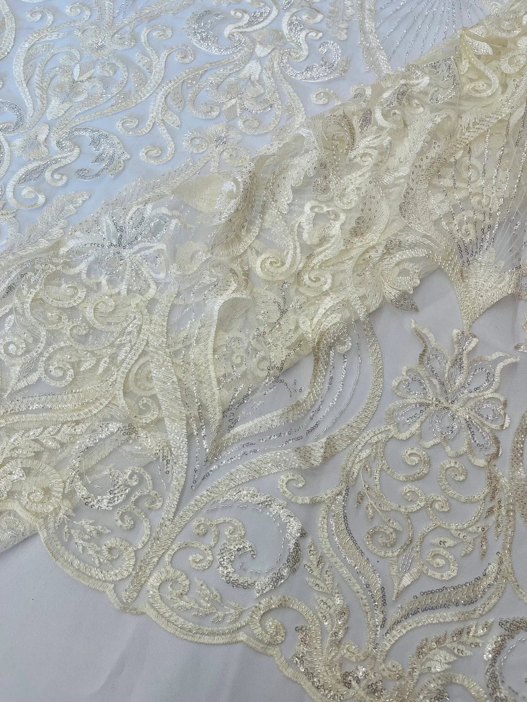Damask Leaf Bead Fabric - Ivory - Heavy Beaded Embroidered Sequins Lace Fabric by Yard