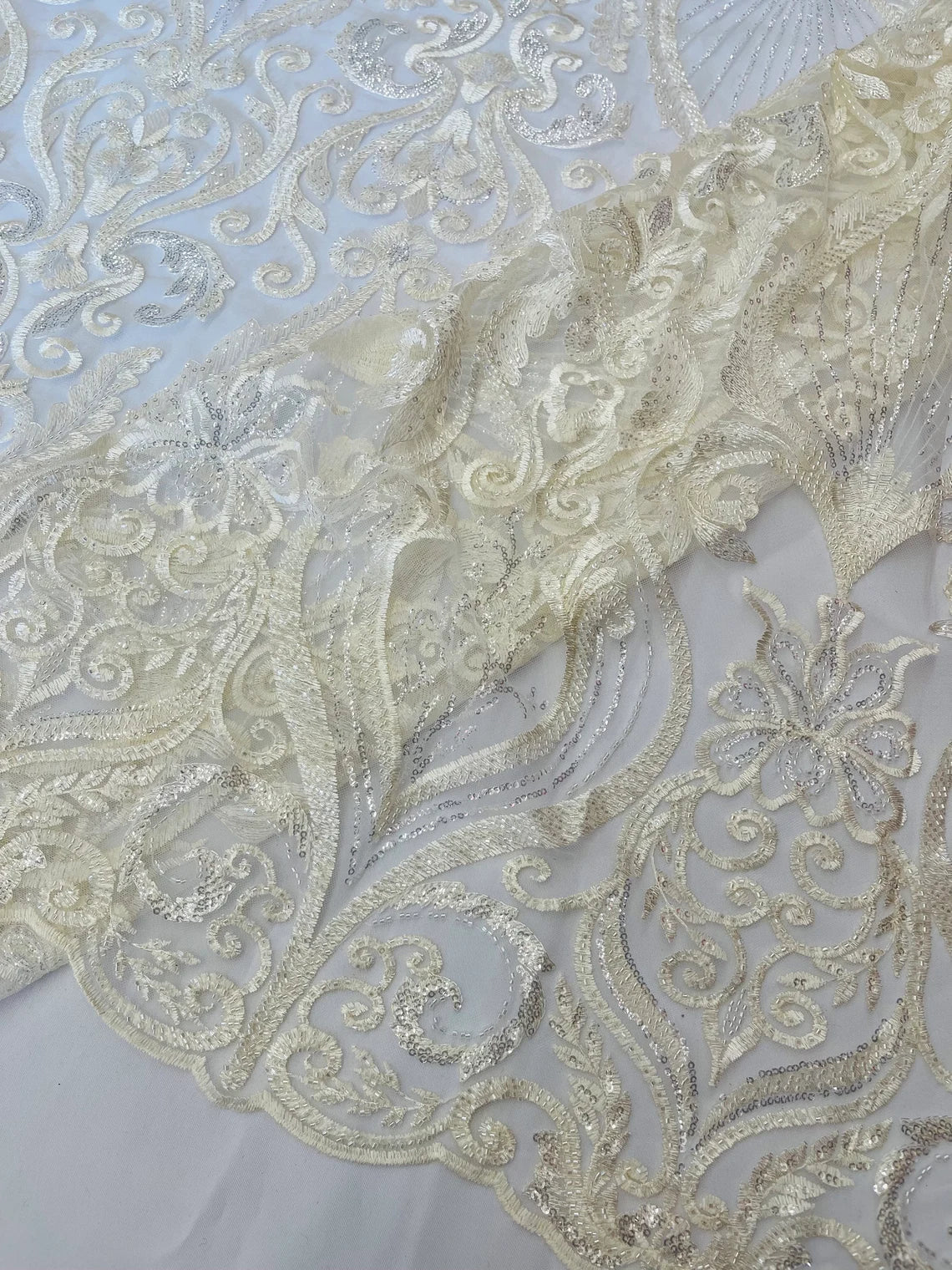 Damask Leaf Bead Fabric - Ivory - Heavy Beaded Embroidered Sequins Lace Fabric by Yard