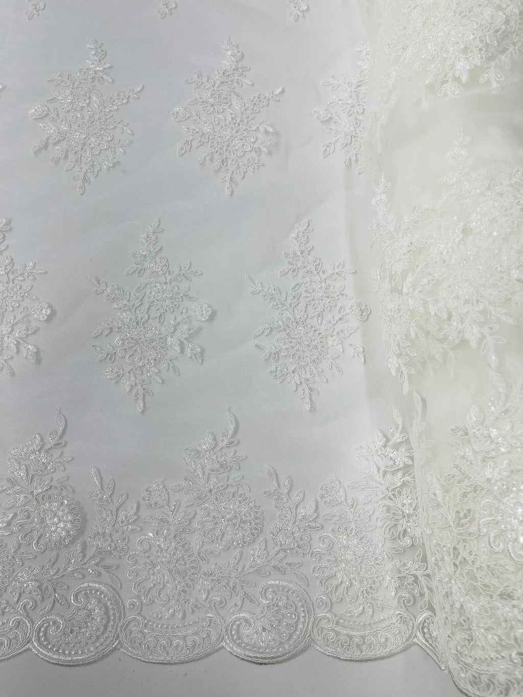 Floral Lace Flower Fabric - Ivory - Floral Embroidered Fabric with Sequins on Lace By Yard