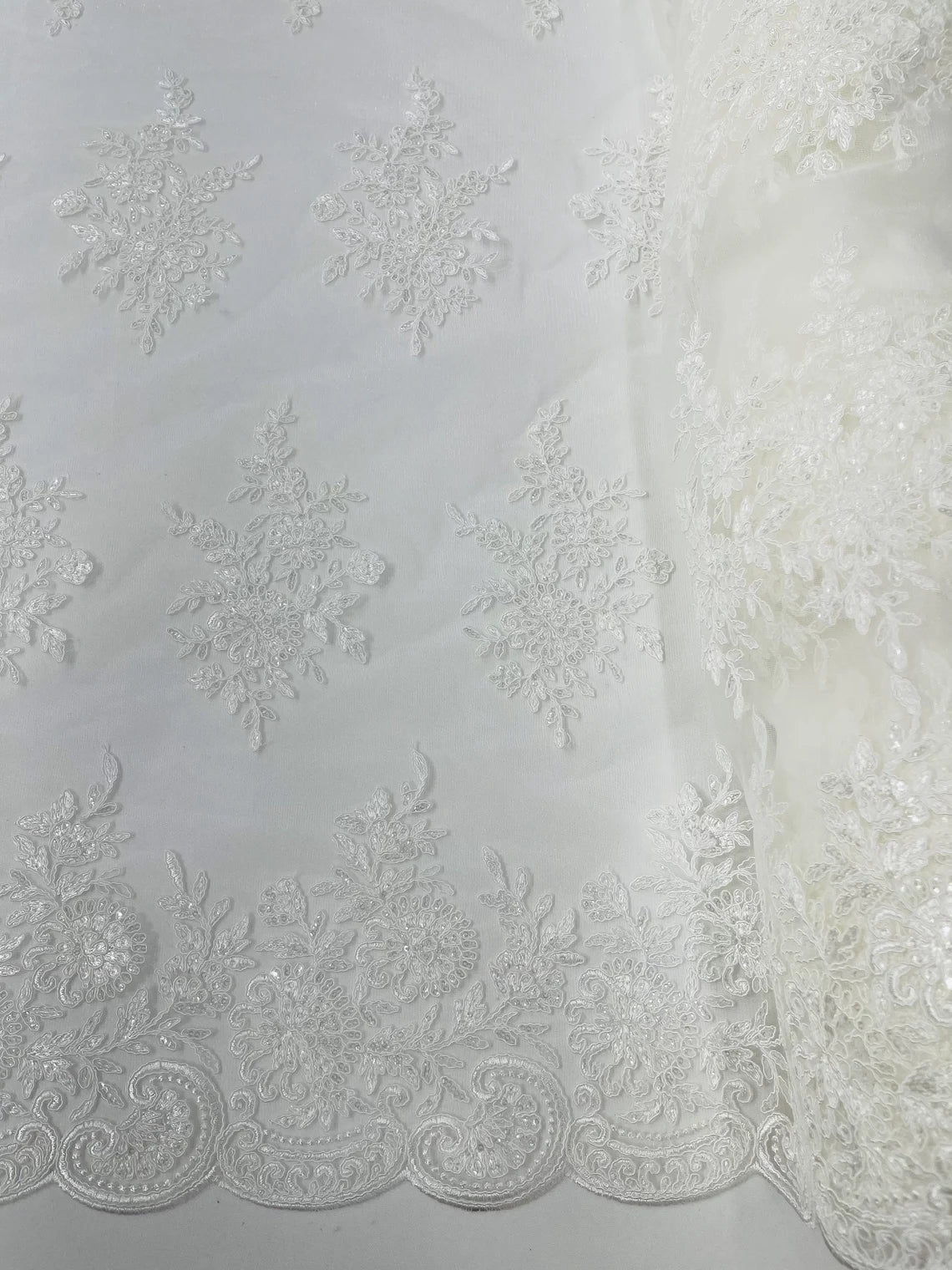 Floral Lace Flower Fabric - Ivory - Floral Embroidered Fabric with Sequins on Lace By Yard