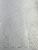 Floral Lace Flower Fabric - Ivory - Floral Embroidered Fabric with Sequins on Lace By Yard