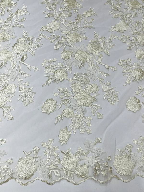 Sequins Lace Rose Design - Ivory - Embroidered Rose Plant Design on Lace Fabric Sold By Yard