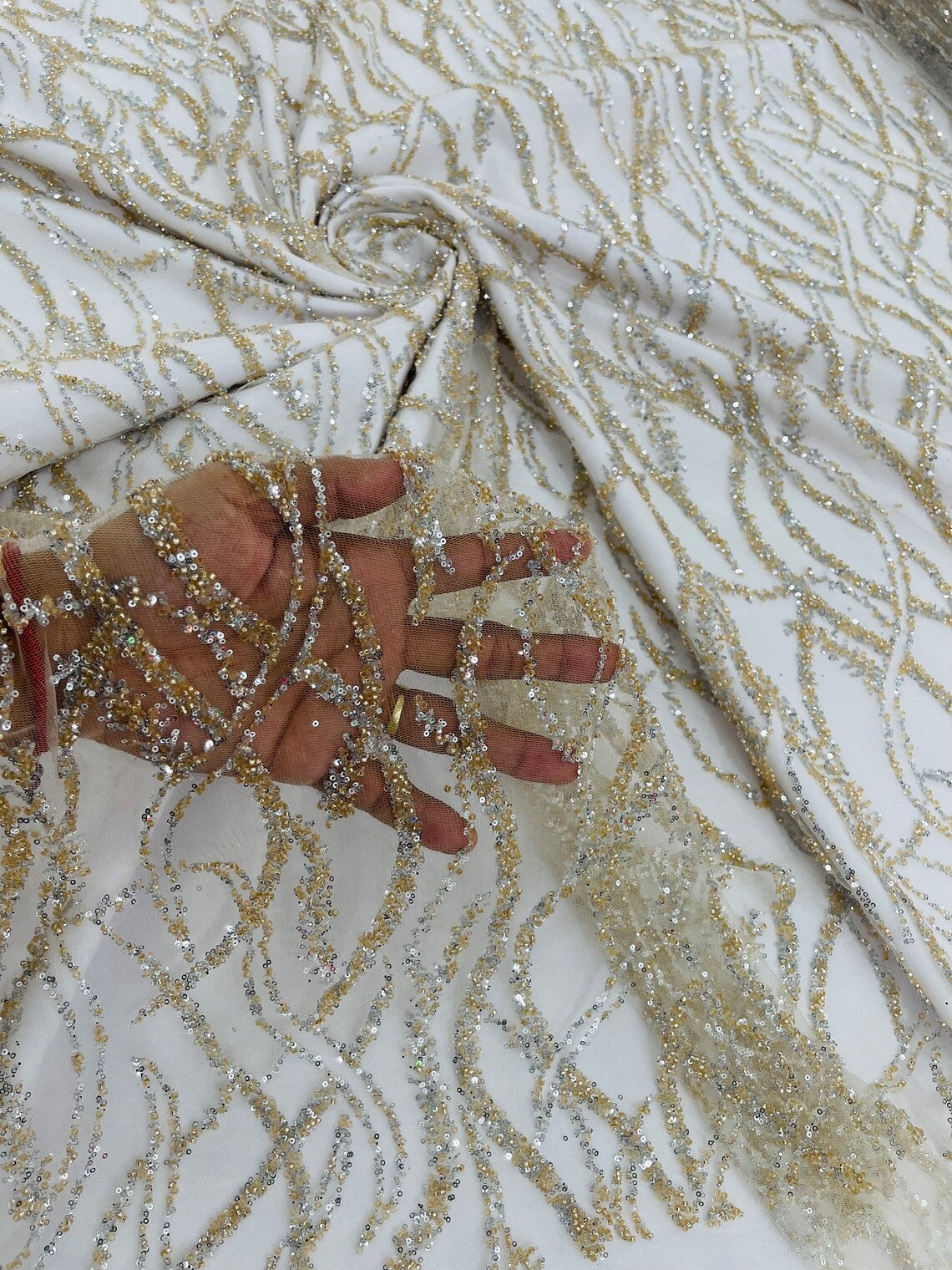 Glitter Wavy Bead Fabric - Ivory - Sequins, Bead, Glitter Design on Lace Fabric By Yard