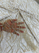 Glitter Wavy Bead Fabric - Ivory - Sequins, Bead, Glitter Design on Lace Fabric By Yard