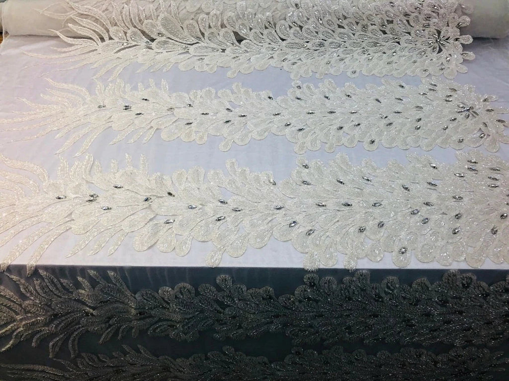 3D Beaded Peacock Feathers - Ivory - Vegas Design Embroidered Sequins and Beads On a Mesh Lace Fabric (Choose The Panels)