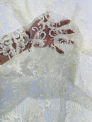 King Lace Pattern Fabric - Ivory - Embroidered Sequins on Lace Mesh Fabric By Yard