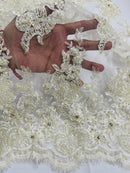 Rhinestone Beaded Fabric - Ivory - Beaded Floral Rhinestone Design with Fancy Border Sold By Yard