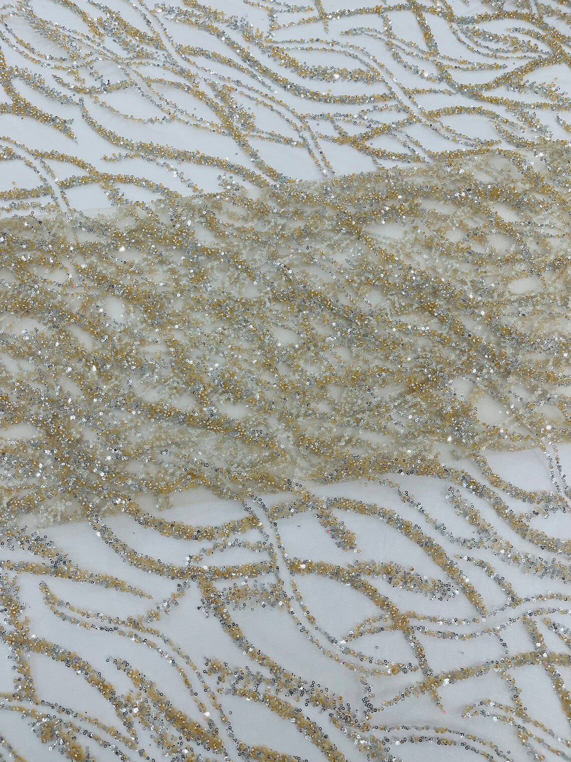 Glitter Wavy Bead Fabric - Ivory - Sequins, Bead, Glitter Design on Lace Fabric By Yard