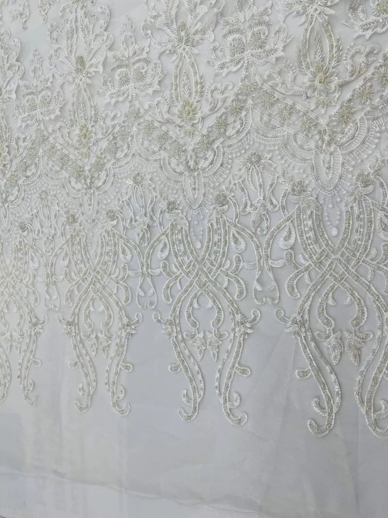 Damask Bead Fabric - Ivory - Embroidered Glamorous Fabric with Round Beads Sold By Yard