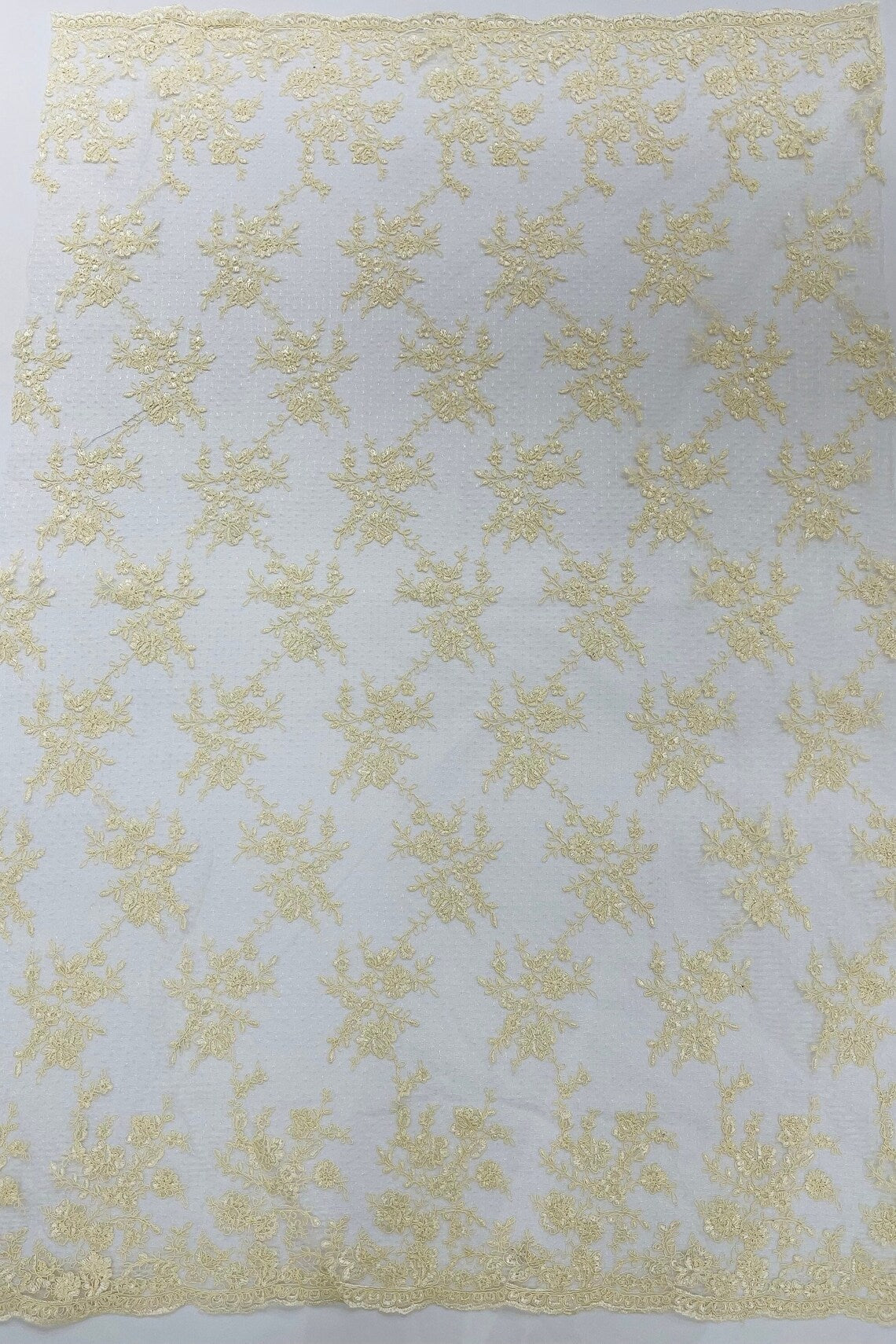 Embroidered Corded Lace Fabric - Ivory - Cluster Fancy Flower Embroidered Lace Fabric By Yard