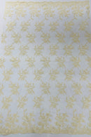 Embroidered Corded Lace Fabric - Ivory - Cluster Fancy Flower Embroidered Lace Fabric By Yard
