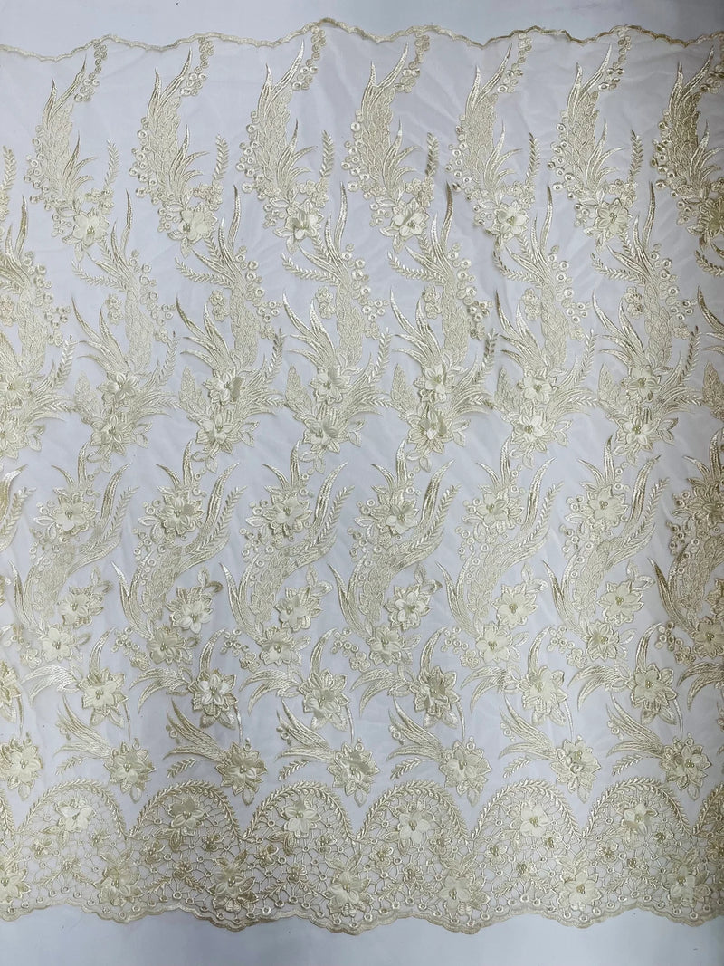 3D Floral Leaf Panels - Ivory - Embroidered 3D Flower Lines with Pearls on Lace By Yard