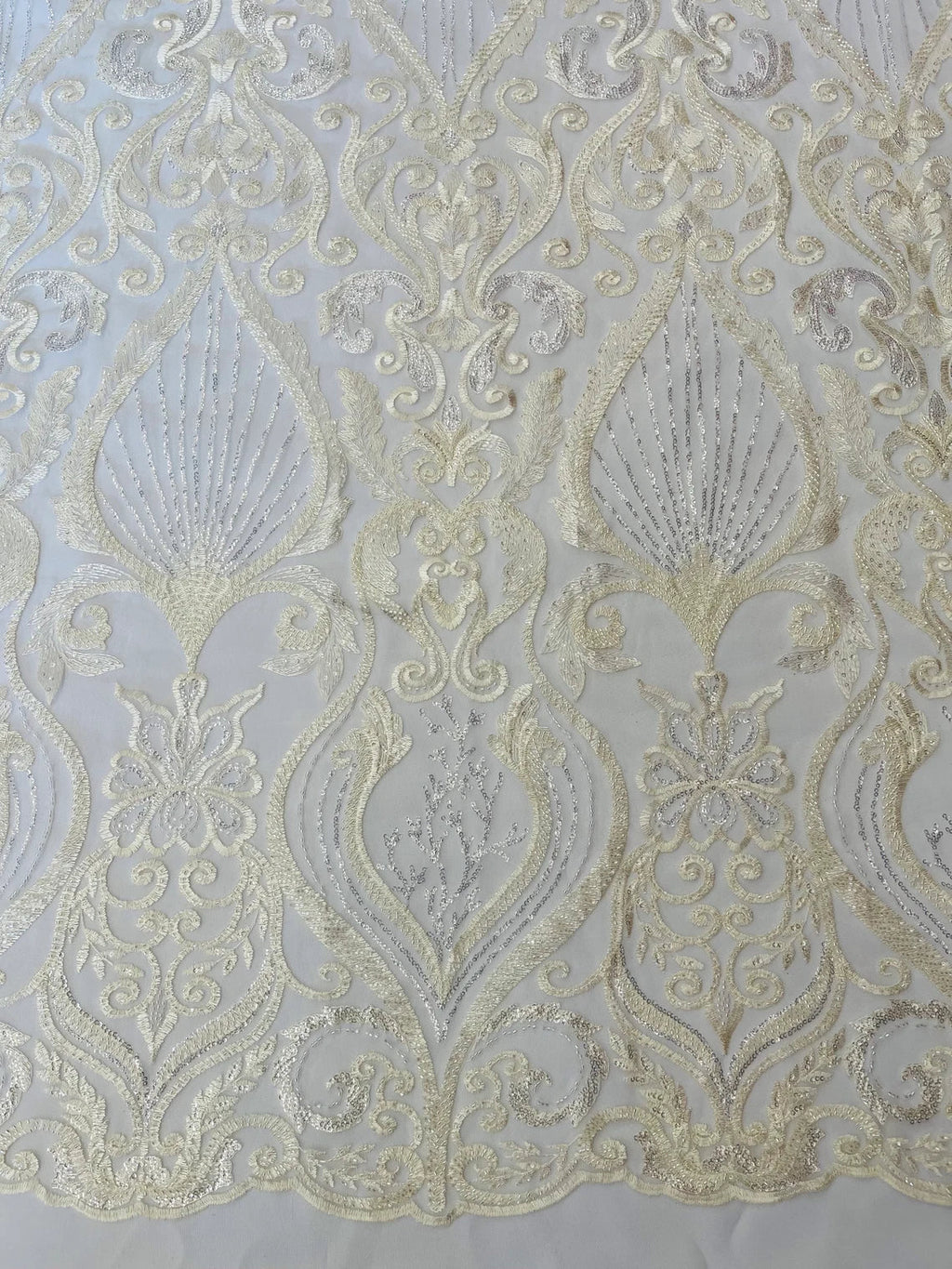 Damask Leaf Bead Fabric - Ivory - Heavy Beaded Embroidered Sequins Lace Fabric by Yard