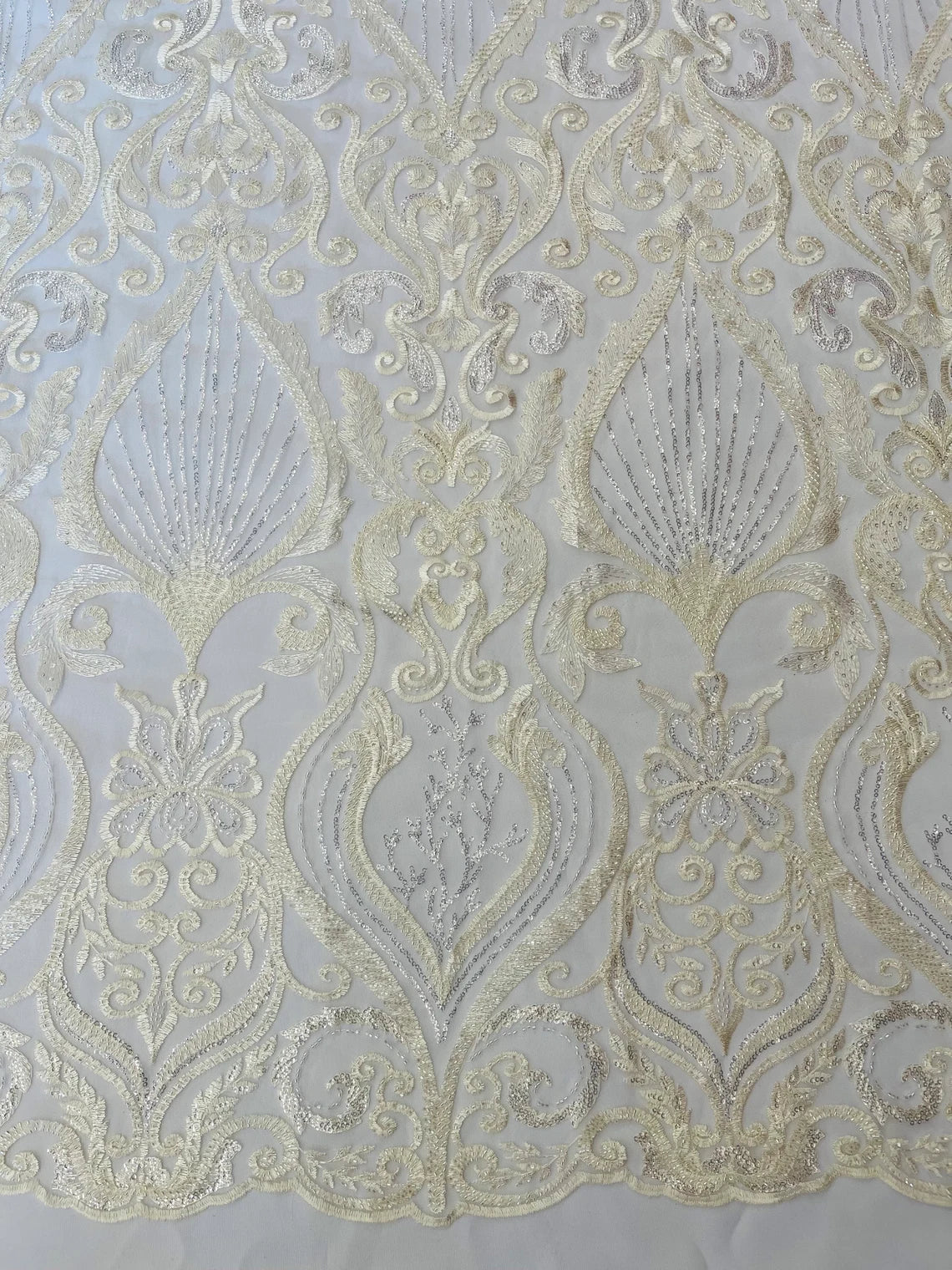 Damask Leaf Bead Fabric - Ivory - Heavy Beaded Embroidered Sequins Lace Fabric by Yard