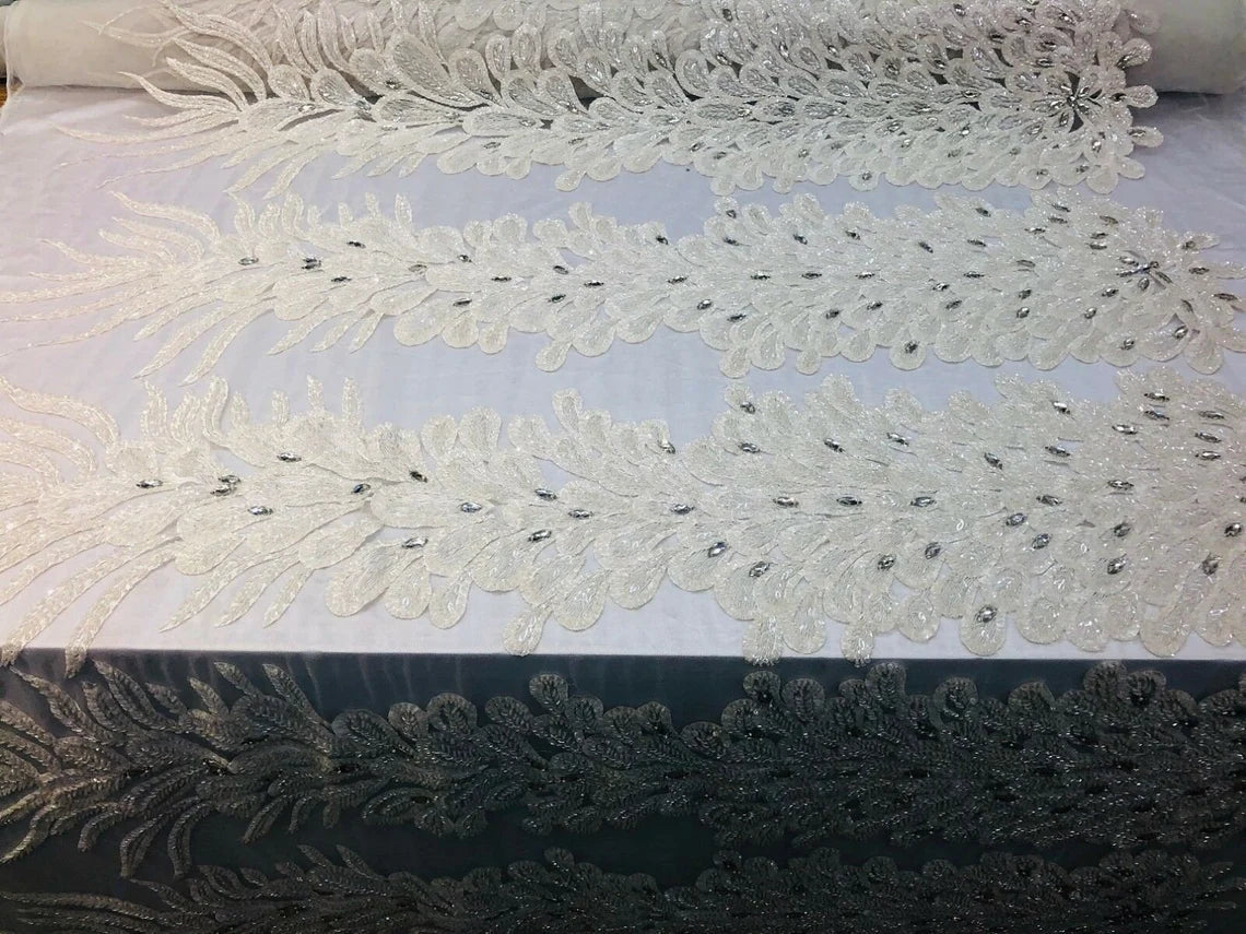 3D Beaded Peacock Feathers - Ivory - Vegas Design Embroidered Sequins and Beads On a Mesh Lace Fabric (Choose The Panels)