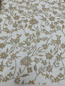 Floral Silver Beaded Fabric - Ivory - Flower Design with Silver Beads and Sequins on Lace by Yard