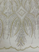 Beaded Lines Fabric - Ivory - Luxury Beads and Sequins Line Design Fabric By Yard