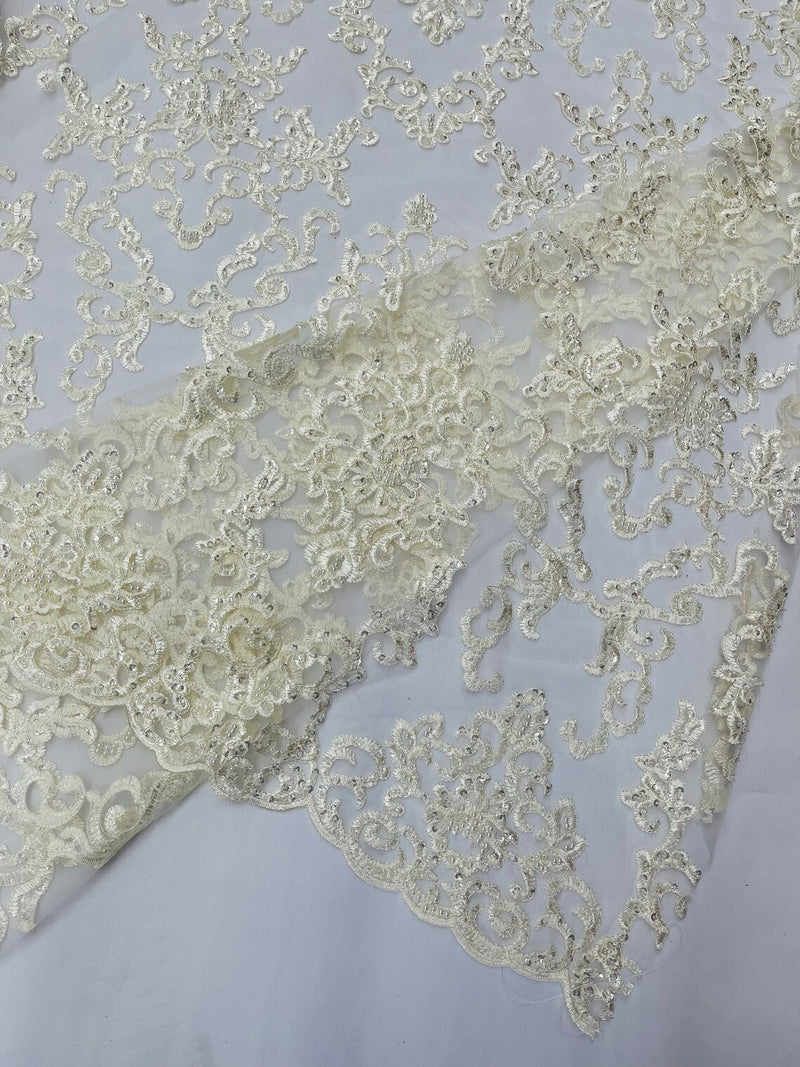 Butterfly Bead Sequins Fabric - Ivory - Damask Beaded Sequins Lace Fabric by the yard