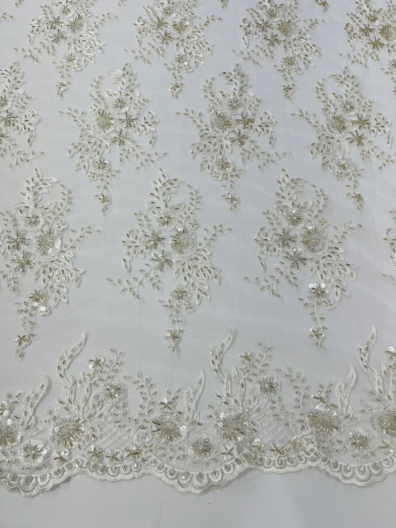Beaded Flower Sequins Fabric - Ivory - Embroidered Beaded Floral Clusters Sequins Fabric By Yard