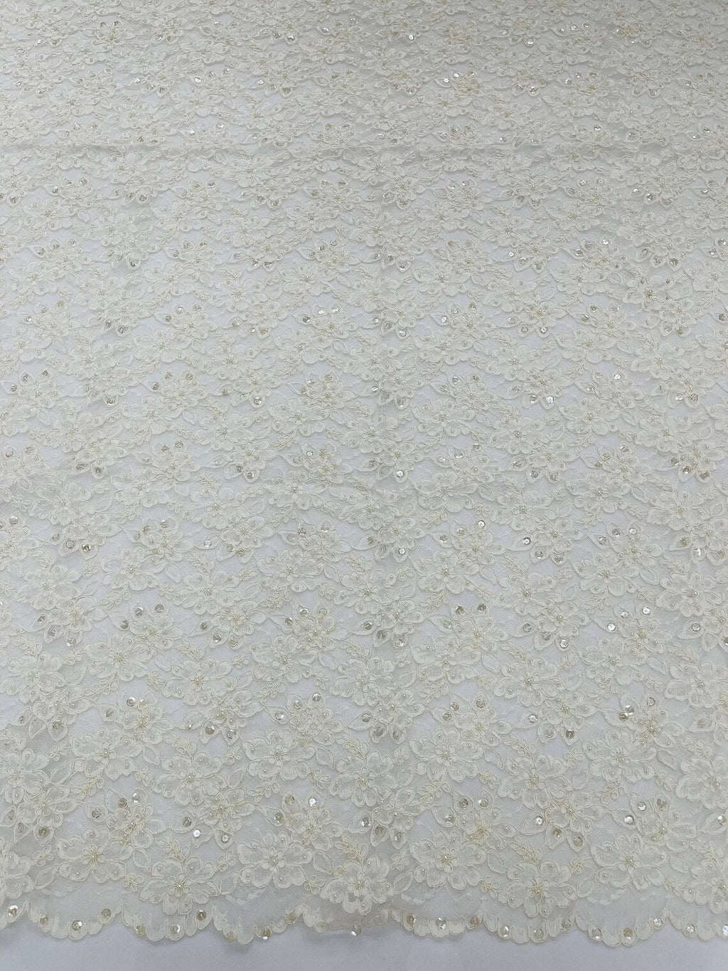 Floral Pearls and Sequins Fabric - Ivory - Beaded Fabric Embroidered Lace By The Yard
