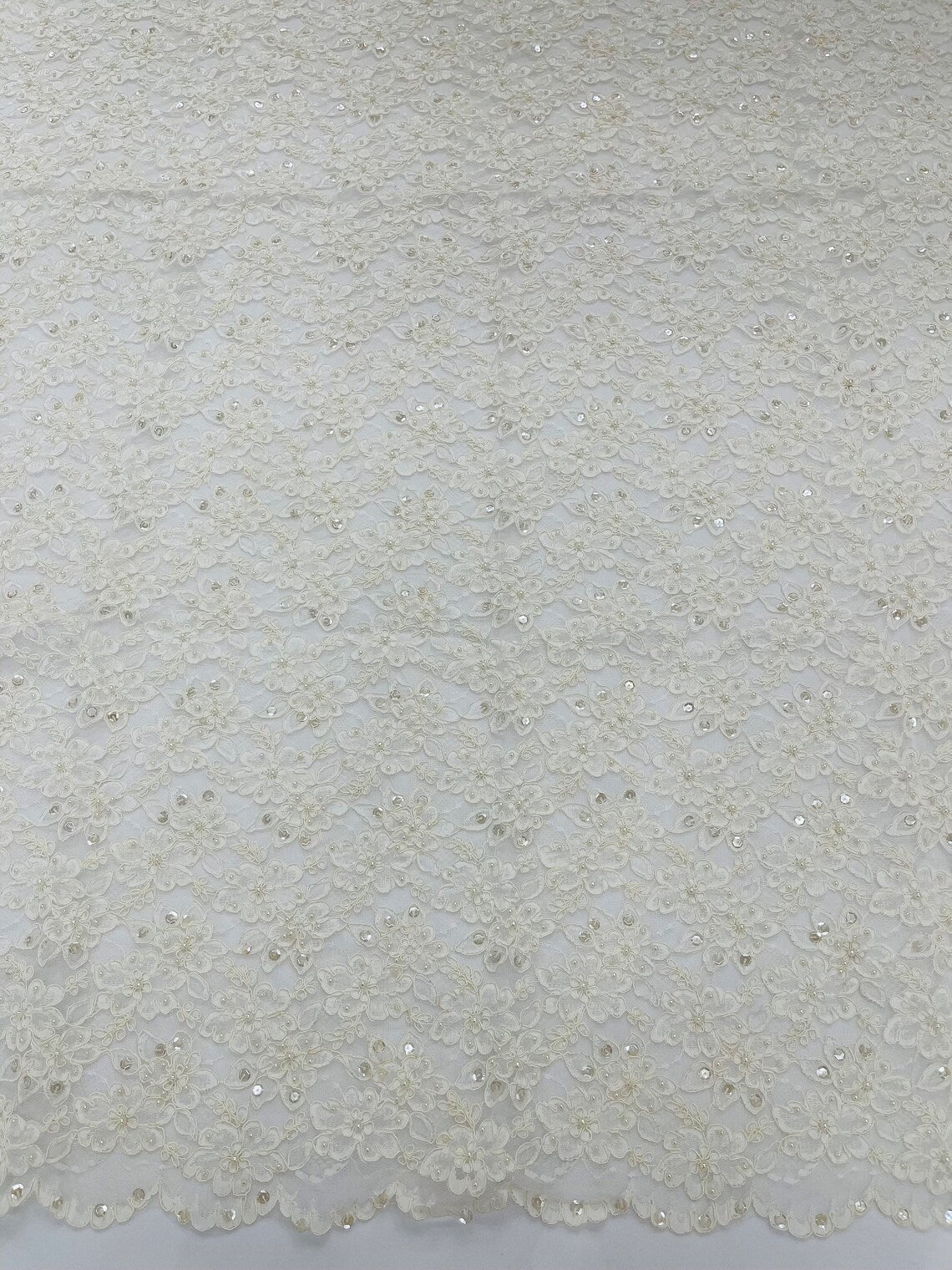 Floral Pearls and Sequins Fabric - Ivory - Beaded Fabric Embroidered Lace By The Yard